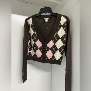 Argyle Patterned Brown Cardigan Sweater